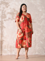 Coral Blossom Pleated Rayon Dress