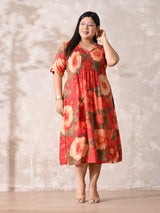 Coral Blossom Pleated Rayon Dress