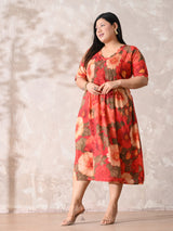 Coral Blossom Pleated Rayon Dress