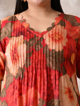 Coral Blossom Pleated Rayon Dress