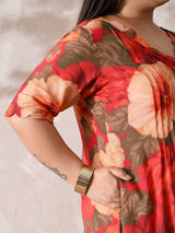 Coral Blossom Pleated Rayon Dress