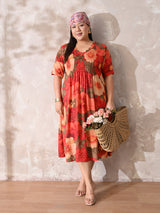 Coral Blossom Pleated Rayon Dress