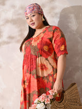Coral Blossom Pleated Rayon Dress