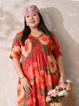 Coral Blossom Pleated Rayon Dress