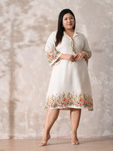 Ivory Floral Rayon Midi Dress with Border Print & Flowy Fit