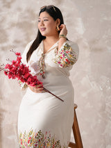 Ivory Floral Rayon Midi Dress with Border Print & Flowy Fit