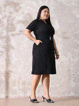 Classic Black Luxury Belted Black Scuba Dress
