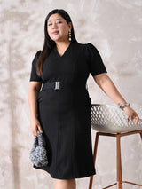 Classic Black Luxury Belted Black Scuba Dress