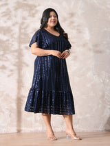 Midnight Navy Sequin Striped Lycra Dress with Flowy Ruffle Hem