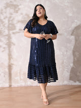 Midnight Navy Sequin Striped Lycra Dress with Flowy Ruffle Hem
