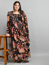 Plus Size Smokey Black Anarkali Kurta with Dupatta