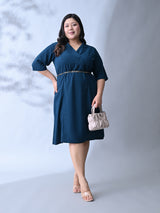 Elegant Teal Blue Dress with Belt Accent & Feminine Fit