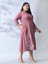 Dusty Rose Bloom Embroidered Rayon Dress
