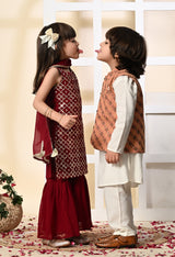 Girls Maroon Embroidered Georgette Garara Set with Dupatta