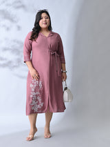 Dusty Rose Bloom Embroidered Rayon Dress
