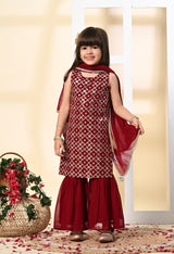 Girls Maroon Embroidered Georgette Garara Set with Dupatta