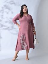 Dusty Rose Bloom Embroidered Rayon Dress