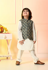 Boys Off White Kurta Set with Blue Embroidered Nehru Jacket