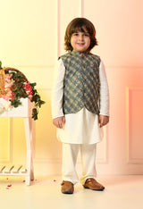 Boys Off White Kurta Set with Blue Embroidered Nehru Jacket