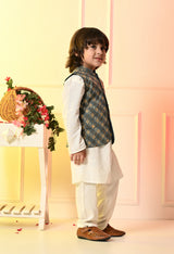 Boys Off White Kurta Set with Blue Embroidered Nehru Jacket