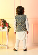 Boys Off White Kurta Set with Blue Embroidered Nehru Jacket