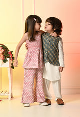 Boys Off White Kurta Set with Blue Embroidered Nehru Jacket