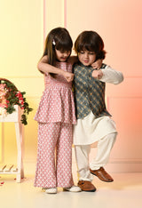 Boys Off White Kurta Set with Blue Embroidered Nehru Jacket