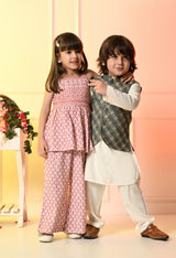 Boys Off White Kurta Set with Blue Embroidered Nehru Jacket