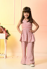 Girls White and Pink Peplum Embroidered Bell Bottom Set