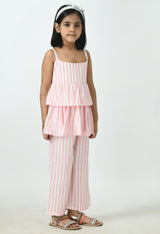 Girls Pink & White Sleeveless Striped Peplum and Frilled Co-ord Set