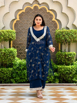 Zareen Teal Blue Mukaish 3 Pieces Kurta Set
