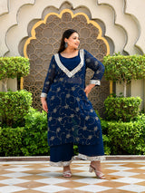 Zareen Teal Blue Mukaish 3 Pieces Kurta Set