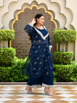 Zareen Teal Blue Mukaish 3 Pieces Kurta Set