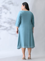 Pastel Sea Green Rayon Midi Dress with Contrast Lace Detailing