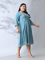 Pastel Sea Green Rayon Midi Dress with Contrast Lace Detailing