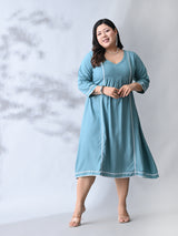 Pastel Sea Green Rayon Midi Dress with Contrast Lace Detailing
