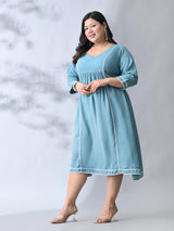 Pastel Sea Green Rayon Midi Dress with Contrast Lace Detailing