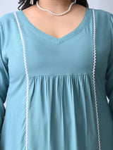 Pastel Sea Green Rayon Midi Dress with Contrast Lace Detailing