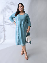Pastel Sea Green Rayon Midi Dress with Contrast Lace Detailing