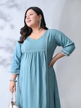 Pastel Sea Green Rayon Midi Dress with Contrast Lace Detailing