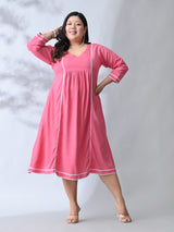 Blush Pink Rayon Midi Dress with Contrast Lace Detailing