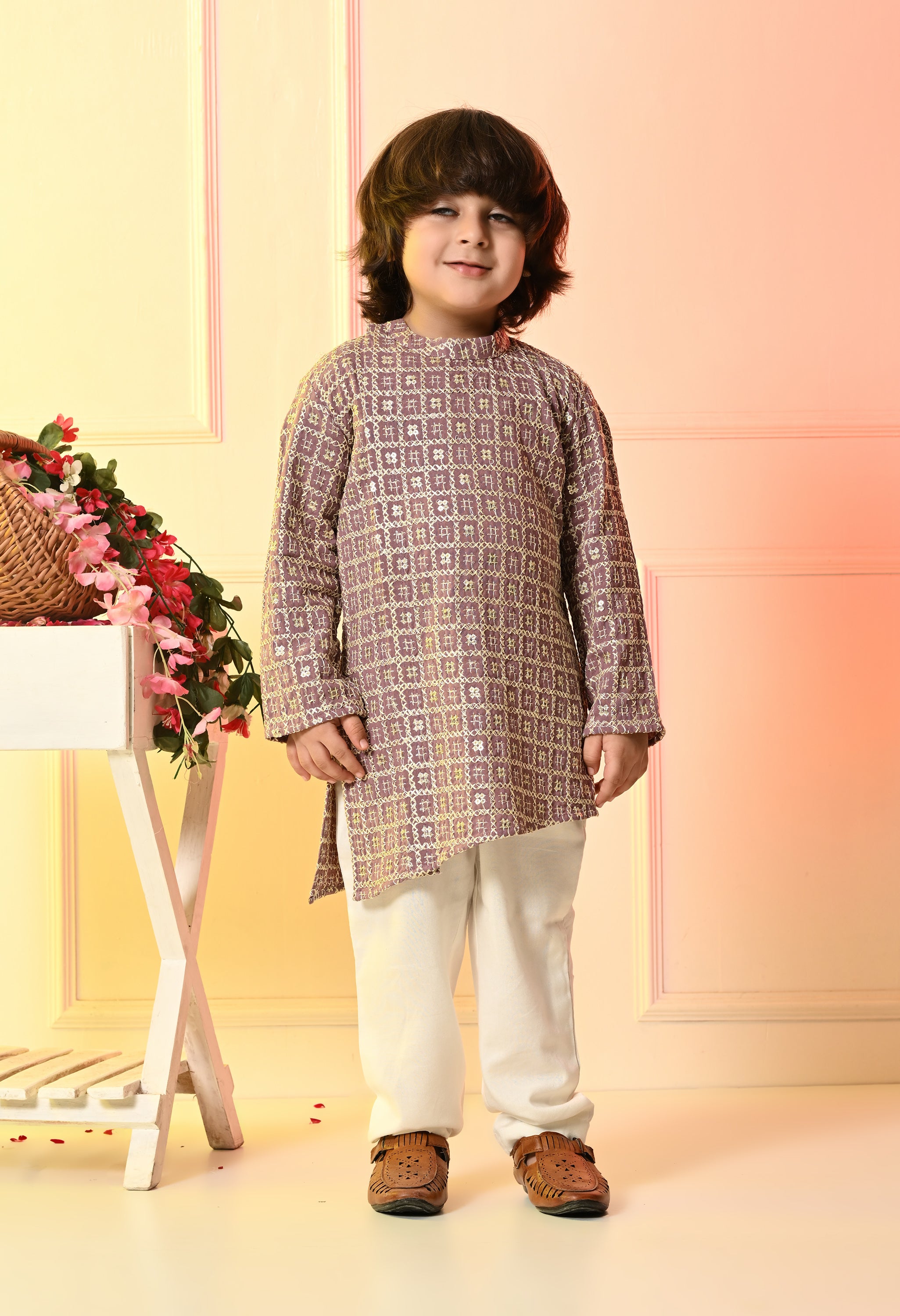 Boys Red Geometric Print Kurta Set