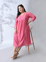 Blush Pink Rayon Midi Dress with Contrast Lace Detailing