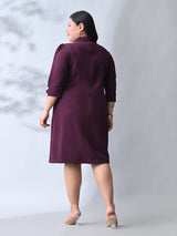Power Wine Midi Dress with Double-Breasted Button Detail