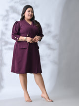 Power Wine Midi Dress with Double-Breasted Button Detail