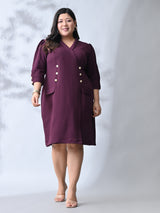 Power Wine Midi Dress with Double-Breasted Button Detail