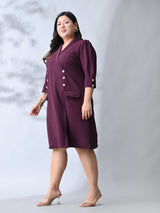 Power Wine Midi Dress with Double-Breasted Button Detail
