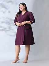 Power Wine Midi Dress with Double-Breasted Button Detail