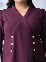 Power Wine Midi Dress with Double-Breasted Button Detail
