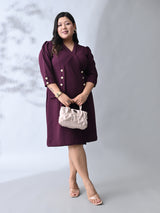 Power Wine Midi Dress with Double-Breasted Button Detail